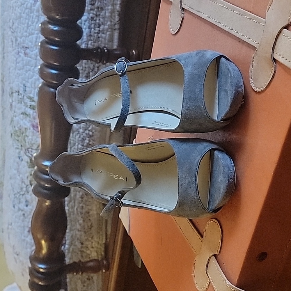 Gray suede Mary Janes